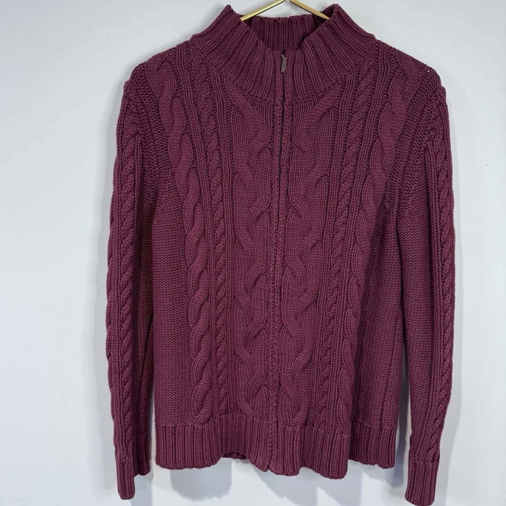 L.L. Bean Women's Petite L Plum Full Zip Cable Knit Sweater Chunky Fisherman